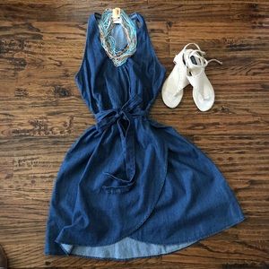 Denim Wrap tie Crossover V-Neck Dress